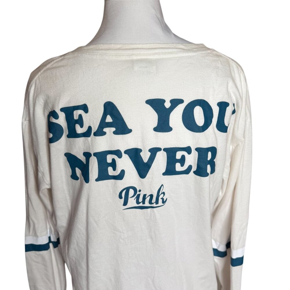 PINK Victoria's Secret "SEA YOU NEVER" snarky long sleeve white top Medium